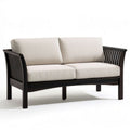 Dwuosobowa sofa ogrodowa z litego drewna akacjowego, ciemnobrązowa z kremowymi poduszkami, 130 x 75 x 78 cm