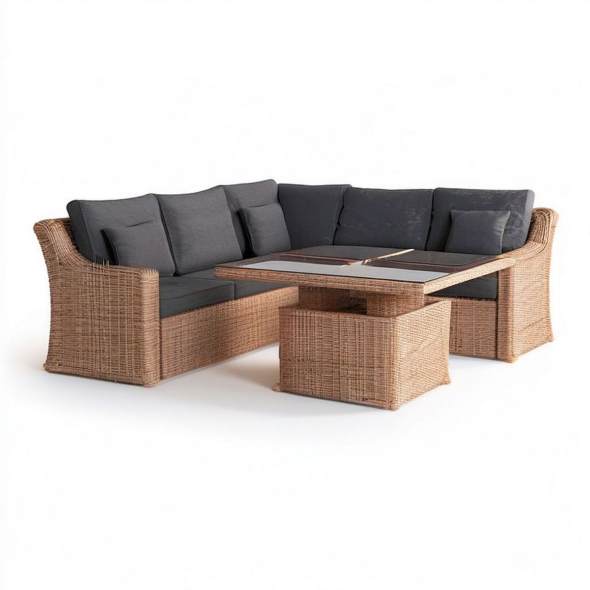 Meble ogrodowe z sofą narożną 220 × 170 cm, stołem 145 × 80 cm i 2 pufami, brązowo-ciemnoszare