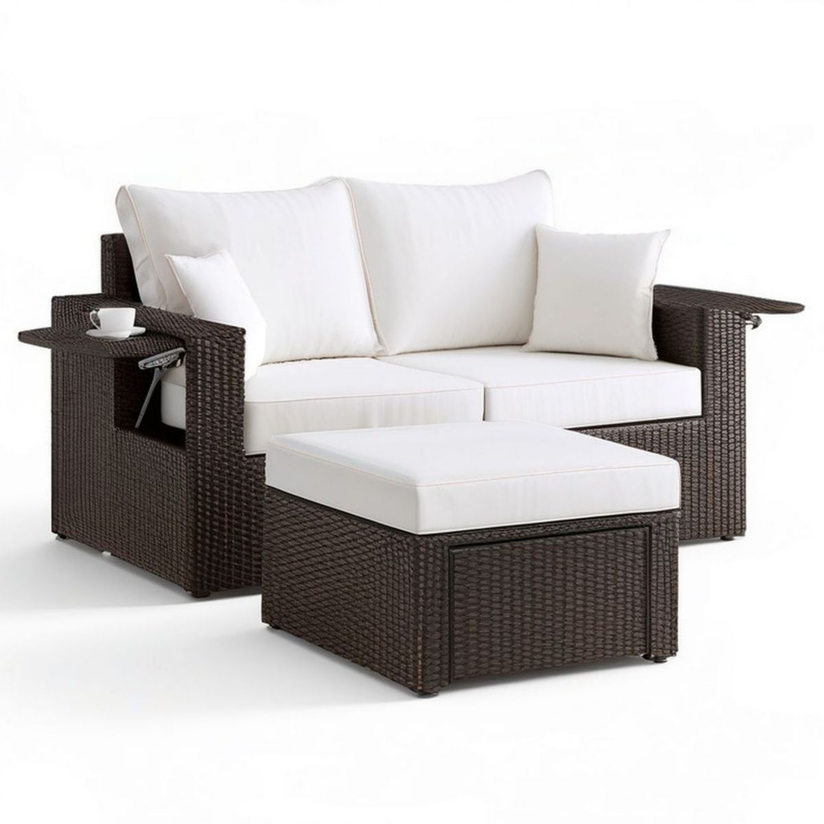 Dwuosobowa sofa ogrodowa z podnóżkiem 160 x 85 x 88 cm, ciemnobrązowa/biała